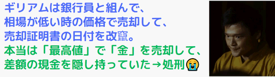 ノゴーンベキ　ギリアム　テント　誤送金ビジネス　実態と仕組み　ギリアムは銀行員と組んで、相場が低い時の価格で売却したと、売却証明書の日付を改竄。本当は「最高値」で金を売却して、差額の現金を隠し持っていた